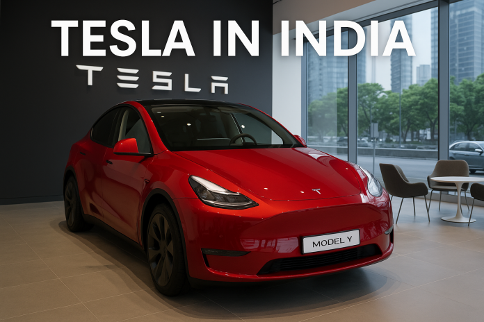 ChatGPT Image Jul 16, 2025, 09_42_58 PM Red Tesla Model Y displayed in a modern Tesla showroom in India with “Tesla in India” signage and large glass windows overlooking an urban skyline.