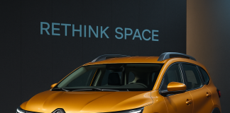 "2025 Renault Triber Facelift showcased at launch event, finished in vibrant orange with updated LED headlights, chrome-accented grille, and 'Rethink Space' branding in the background."