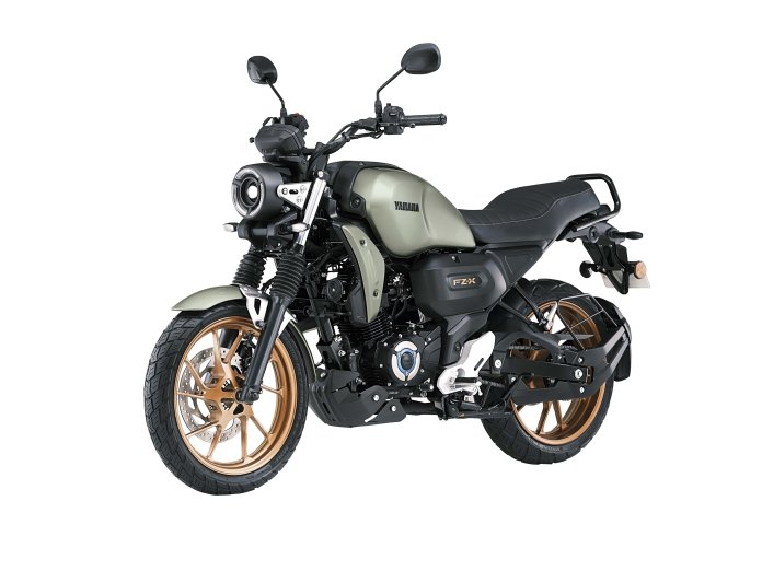 Front and side view of the Yamaha FZ-X Hybrid motorcycle in Matte Titan color, featuring a neo-retro design, LED headlamp, and TFT display.